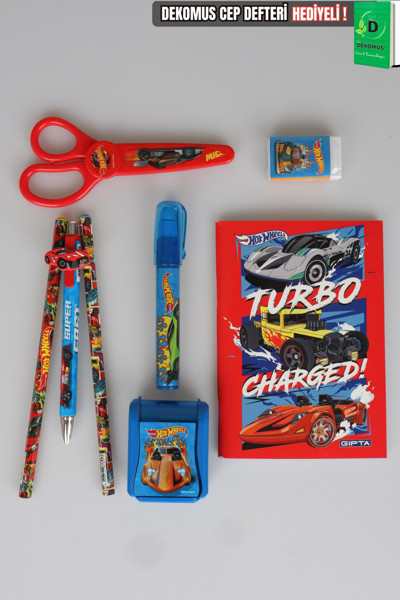 Hot Wheels Lisanslı Kırtasiye Seti Makas,Bloknot,Roket Silgi,Uçlu Kalem 0.7mm