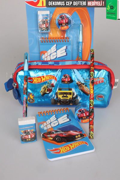 Hot Wheels Lisanslı Kalem Çantası,Geçmeli Kalem,Not Defteri,Kurşun Kalem,Silgi ve Kalemtraş Seti