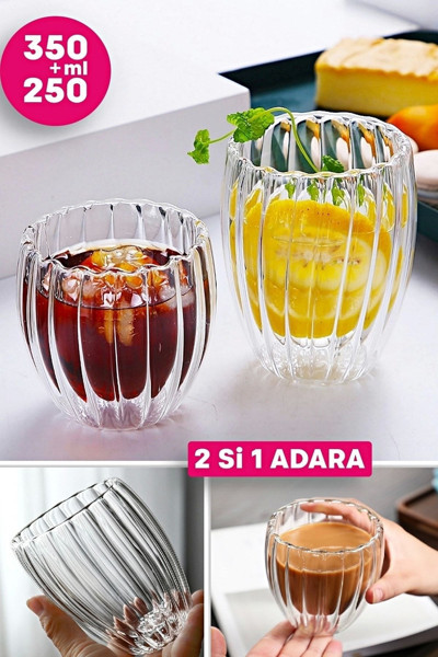 Tilbe Home 2'Li Çift Cidarlı Burgulu Kristal Cam Bardağı Çay Süt Kahve Kupası Sıcak & Soğuk Retro Bardak Seti