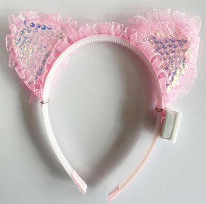 Toptan Bulurum Kenarları Dantelli Pembe Pullu Payetli Led Işıklı Kedi Kulak Taç 17X19 Cm