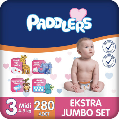 Paddlers Bebek Bezi 3 Numara Midi (4-9 Kg) 280 Adet – Ekstra Jumbo Set