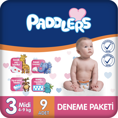 Paddlers Bebek Bezi 3 Numara Midi (4-9 Kg) 9 Adet – Deneme Paketi