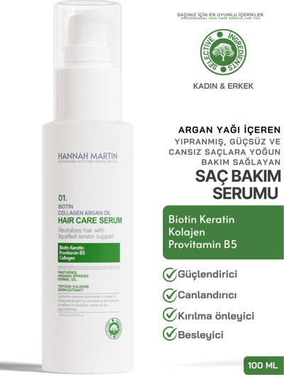 Hannah Martin Biotin Keratin Ve Argan Yağı İçerikli Saç Dökülmesi Ve Yıpranmış Saçlar İçin Saç Bakım Serumu