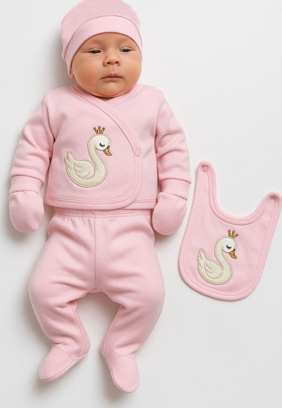 Trend Bebe Butik Yenidoğan Kız Bebek 5 Parça Hastane Çıkışı – Kuğu Desenli, Pembe Renkli, %100 Pamuklu Konforlu Takım