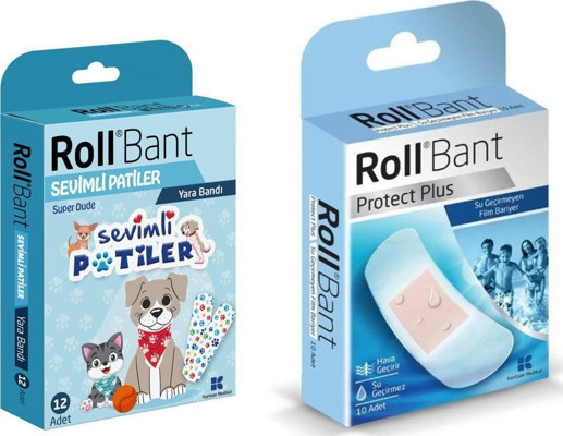 Roll Bant Sevimli Patiler Yara Bandı 12'Li + Protect Plus Su Geçirmez Yara Bandı 10Lu