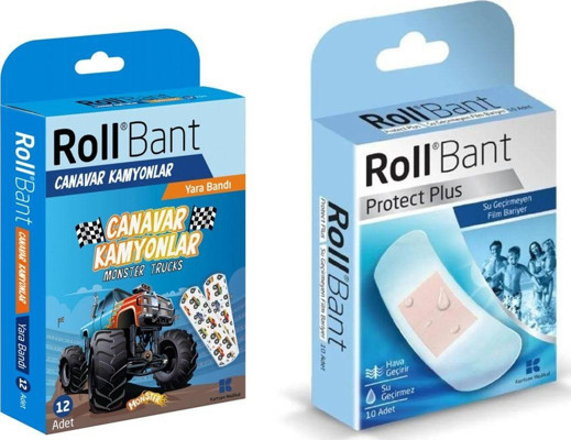 Roll Bant Canavar Kamyonlar Yara Bandı 12'Li + Protect Plus Su Geçirmez Yara Bandı 10Lu