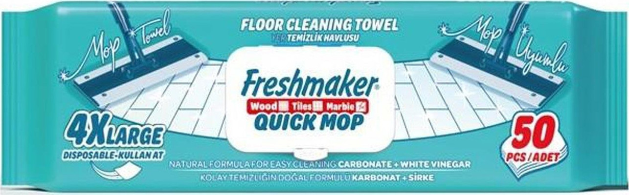 Freshmaker Karbonat ve Beyaz Sirke Katkılı Yüzey Yer Temizlik Mandallı Mop Havlusu - 50'li Paket