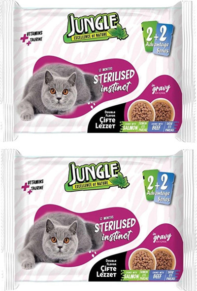 Jungle 8X100 Gr Çift Lezzet Pouch Kısırlaştırılmış Yaş Kedi Maması Sığır Eti Somon Eti Sterilised