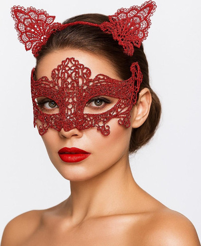 Romantik Kırmızı Dantel Maske Seti – Kedi Kulaklı Taç ve Maske 3 No