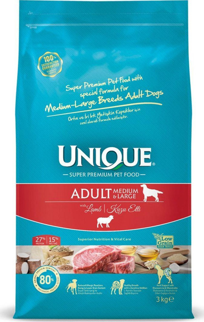 Unique Orta Ve Iri Irk Yetişkin Köpek Maması Kuzu Etli 3 Kg