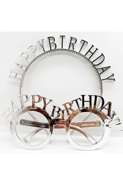Ynt İthalat Happy Birthday Yazılı Taç Ve Happy Birthday Yazılı Gözlük Seti Gümüş Renk