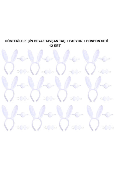 Ynt İthalat Beyaz Tavşan Kostüm Seti – Taç, Papyon, Kuyruk (12’Li Paket)
