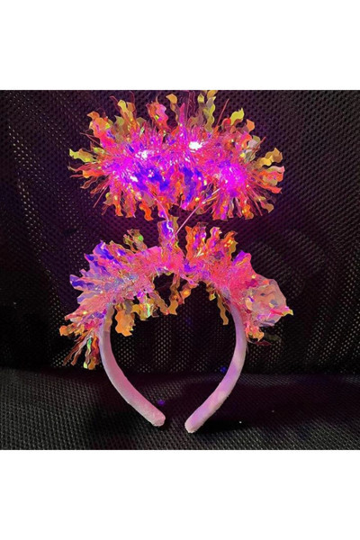 Ynt İthalat Pembe Renk Pembe Işıltılı Püsküllü Led Işıklı Parlak Hologramlı Taç 25X12 Cm