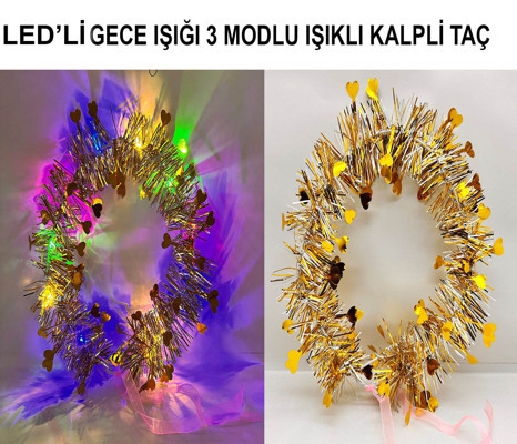 Kalp Püsküllü 3 Modlu LED Işıklı Taç Altın Renk