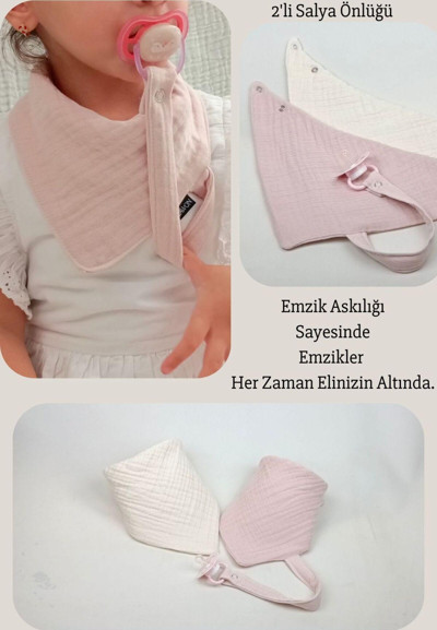Lawon 2'Li %100 Pamuk 8 Katlı Müslin Emzik Askılıklı Kız Erkek Bebek Salya Ve Mama Önlüğü *Pembe*Ecru