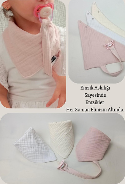 Lawon 3'Lü %100 Pamuk 8 Katlı Müslin Emzik Askılıklı Kız Erkek Bebek Salya Ve Mama Önlüğü