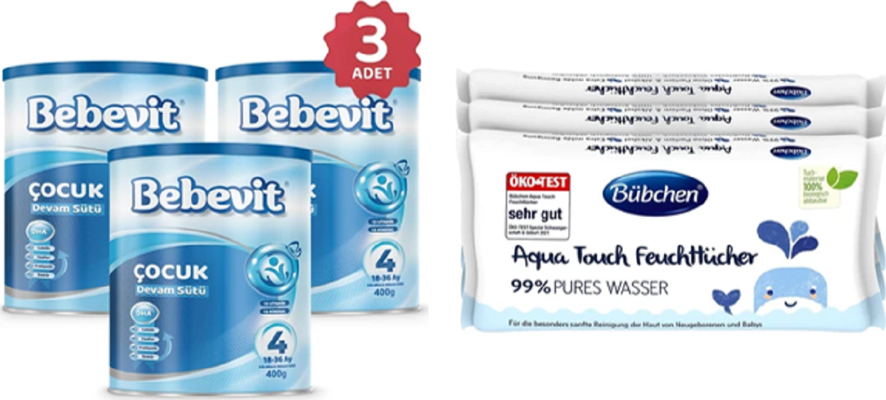 Bebevit 4 Bebek Devam Sütü 400 gr 3 ADET + Bübchen Baby Yenidoğan Islak Mendil Aqua Touch 3x48li