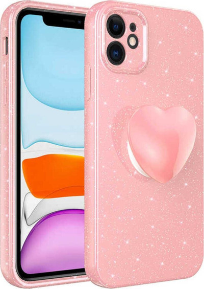 Kılıftech İphone 11 Uyumlu Kamera Korumalı Simli Pop Soketli Lüks Zore Koton Soketli Kılıf-Pembe
