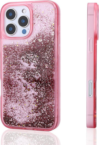 Kılıftech İphone 14 Pro Max Uyumlu Kılıf Sıvılı Simli Şeffaf Arka Yüzey Zore Keto Silikon Kapak-Pembe