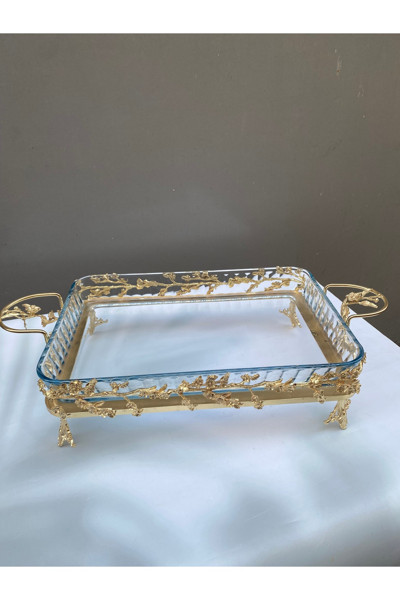 Azade Home Gold Pirinç Japongül Çok Çicek Dikdörtgen Borcam Cam Sunumluk