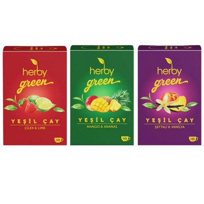 Herby Yeşil Çay Seti 3'lü (Çilek ve Lime - Mango ve Ananas- Şeftali ve Vanilya)