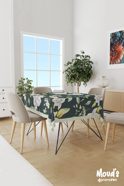 Moud'S Yeşil Beyaz Çiçek Desenli Süet Dertsiz Masa Örtüsü