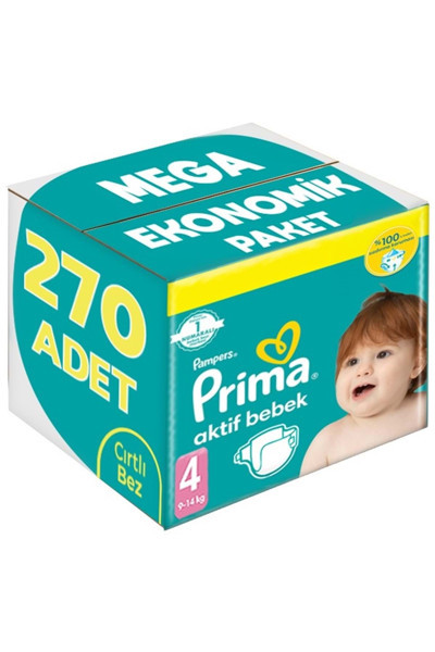 Prima Bebek Bezi Beden:4 (9-14KG) Maxi 270 Adet Mega Ekonomik Pk