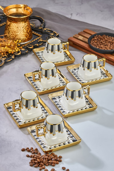 Cooker Şık Tasarımlı 6'Lı 220 Ml Porselen Çay Fincanı Seti - Altın Yaldızlı - Hediye Seçeneği