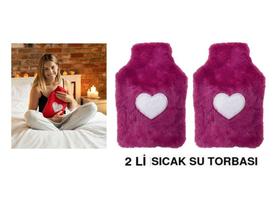 Bosphorus 2 ADET SICAK SU TORBASI PELUŞ KALPLİ,KOYU PEMBE TERMOFOR 27X17X2CM 1 LİTRE