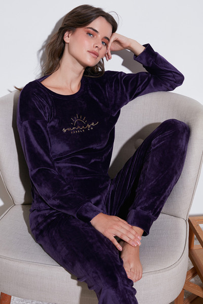 Lela Standart Fit Bisiklet Yaka Yumuşak Kadife Bayan Pijama Takımı 6094201 KOYU MOR