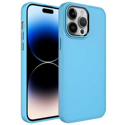 Khayra iPhone 13 Pro Max Uyumlu Metal Çerçeve ve Buton Tasarımlı Silikon KHYR Luna Kılıf-Sierra Mavi
