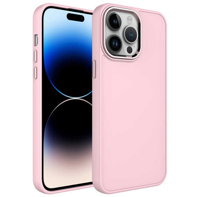 Khayra iPhone 13 Pro Max Uyumlu Metal Çerçeve ve Buton Tasarımlı Silikon KHYR Luna Kılıf-Pembe