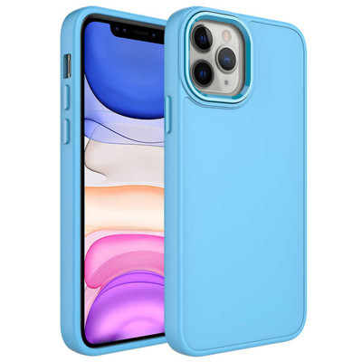 Khayra iPhone 12 Pro Uyumlu Metal Çerçeve ve Buton Tasarımlı Silikon KHYR Luna Kılıf-Sierra Mavi