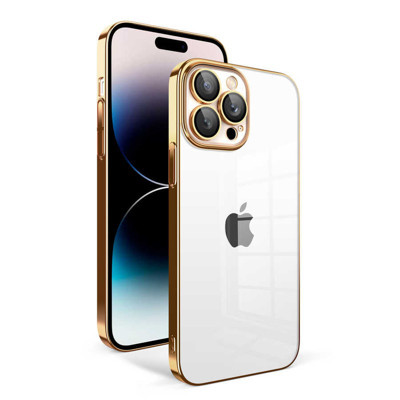 Khayra iPhone 14 Pro Uyumlu Kamera Korumalı Renkli Çerçeveli KHYR Garaj Kılıf-Gold