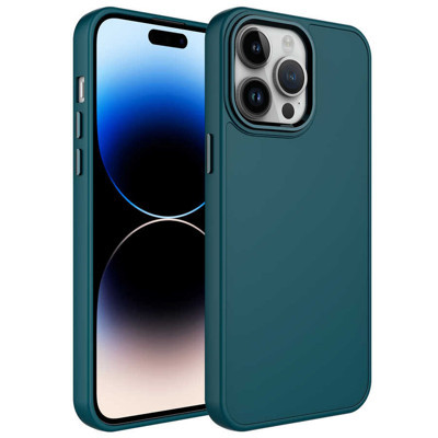 Khayra iPhone 13 Pro Max Uyumlu Metal Çerçeve ve Buton Tasarımlı Silikon KHYR Luna Kılıf-Koyu Yeşil