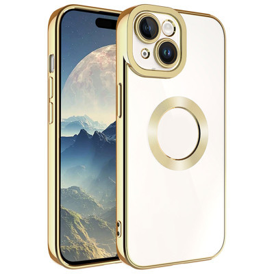 Khayra iPhone 15 Uyumlu Kamera Korumalı Logo Gösteren KHYR Omega Kılıf-Gold