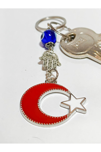 Moncuk design Metal Ay Yıldızlı Türk Bayraklı ve Metal Fatımanın Eli-Hamsalı Anahtarlık