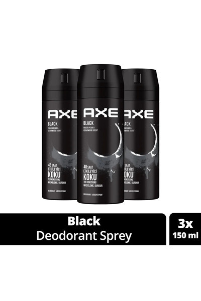 Mbb E-Ticaret 3 Adet Axe Erkek Deodorant & Bodyspray Black 48 Saat Etkileyici Koku Vücut Spreyi 150 ml