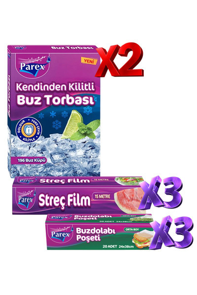 Parex 2'li Buz Torbası 3'lü Buzdolabı Poşeti ve 3'lü Streç Film Paketi