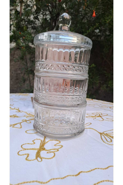 Online Kapında Lüks Cam Pupa Kapaklı 3 Lü Şekerlik Kurabiyelik 12*12*6 Cm