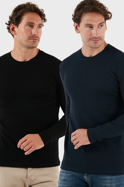 Buratti Pamuklu Bisiklet Yaka Slim Fit Basic 2'li Paket Erkek Sweat 5905073S2 LACİVERT-SİYAH
