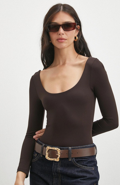 Never More U Yaka Uzun Kollu Çıtçıtlı Bodysuit Kahve