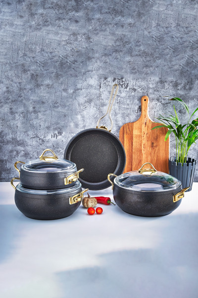 Polochef Mega Döküm Granit Tencere Ve Tava Seti 7 Parça Siyah