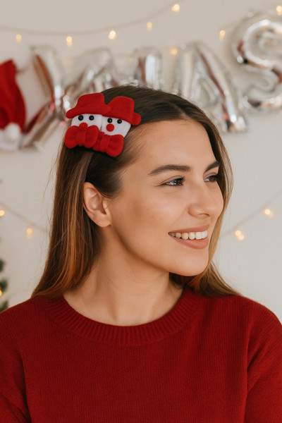Toyfest Yılbaşı Temalı Noel Baba Figürlü Keçe Saç Tokası 2li Set Parti Aksesuarı Kırmızı Beyaz Model 3