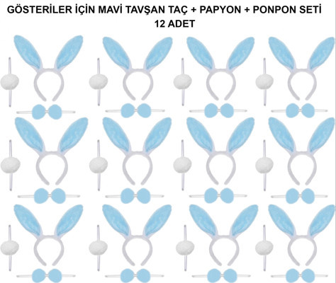 Pratikoba Mavi Tavşan Kostüm Seti – Taç, Papyon, Ponpon (12’li Paket)