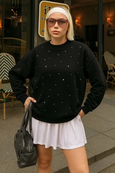 Fashion Friends Taşlı Pamuklu Regular Fit Bisiklet Yaka Bayan Sweat 25K0099K1 SİYAH