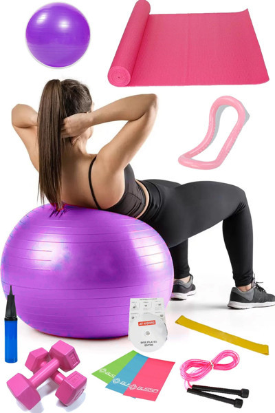 Jet 13 Lü Pilates Seti Topu 3 Lü Pilates Bandı Lastiği Dambıl Minder Atlama Ipi Yoga Yüzüğü Mor