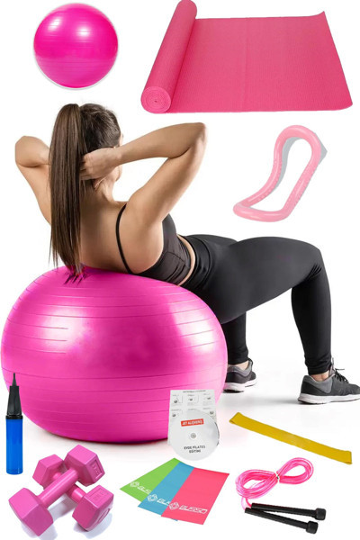 Jet 13 Lü Pilates Seti Topu 3 Lü Pilates Bandı Lastiği Dambıl Minder Atlama Ipi Yoga Yüzüğü Pembe