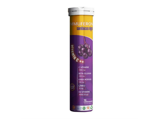 İmmuferon IMMUFERON SAMBUCUS NIGRA EFERVESAN TABLET, C VİTAMİNİ, BETA GLUKAN VE KARA MÜRVER İÇEREN TAKVİYE EDİCİ GIDA 20 tablet