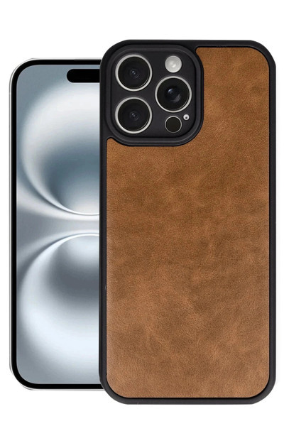 Butik iPhone 16 Pro Kılıf Aras Deri Kapak - Taba-(5796)